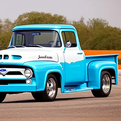 Image similar to a 1 9 5 6 ford f - 1 0 0 custom cab driving on a racetrack