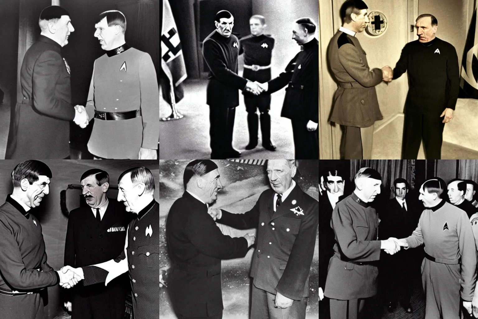Prompt: Spock from Star Trek shaking hands with Hitler, award winning photo