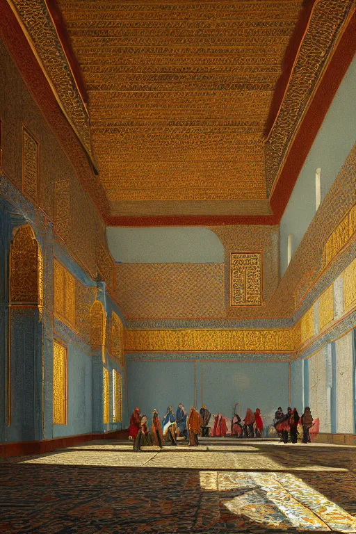 Image similar to a detailed painting of the interior of the Topkapi Palace in Ottoman Empire with people. By Robert Bechtle, Paul Kratter, Geri Keary, Simon Stålenhag. Digital art, CGSociety, Octane. Trending on ArtStation, 8k, UHD, HDR