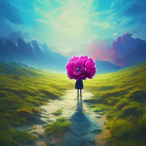 Image similar to giant carnation flower as a head, girl hiking in the mountains, surreal photography, sunrise, dramatic light, impressionist painting, colorful clouds, digital painting, artstation, simon stalenhag