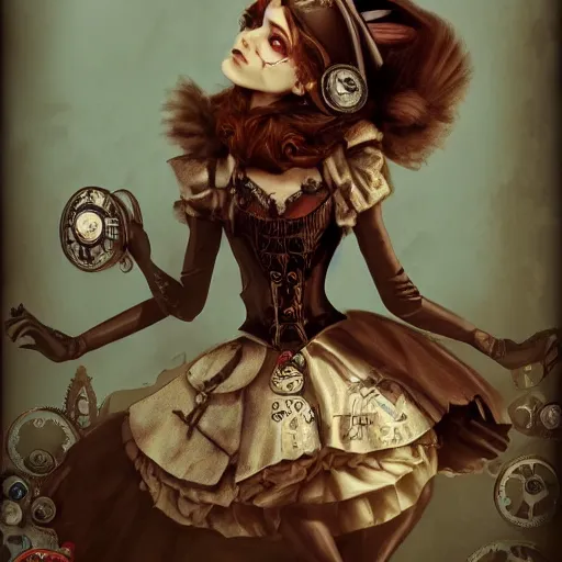 Image similar to alice in wonderland, steampunk, gothic style, detailed, 8 k, artstation, smooth