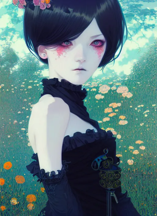 Image similar to portrait of beautiful gothic girl, cute face, intricate, highly detailed, digital painting, official media, anime key visual, concept art, rich vivid colors, ambient lighting, sharp focus, illustration, art by wlop and ilya kuvshinov and makoto shinkai and range murata and gustav klimt