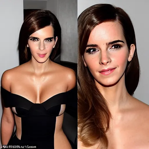 Image similar to a woman who is a genetic combination of kim kardashian and emma watson face and upper - body focus