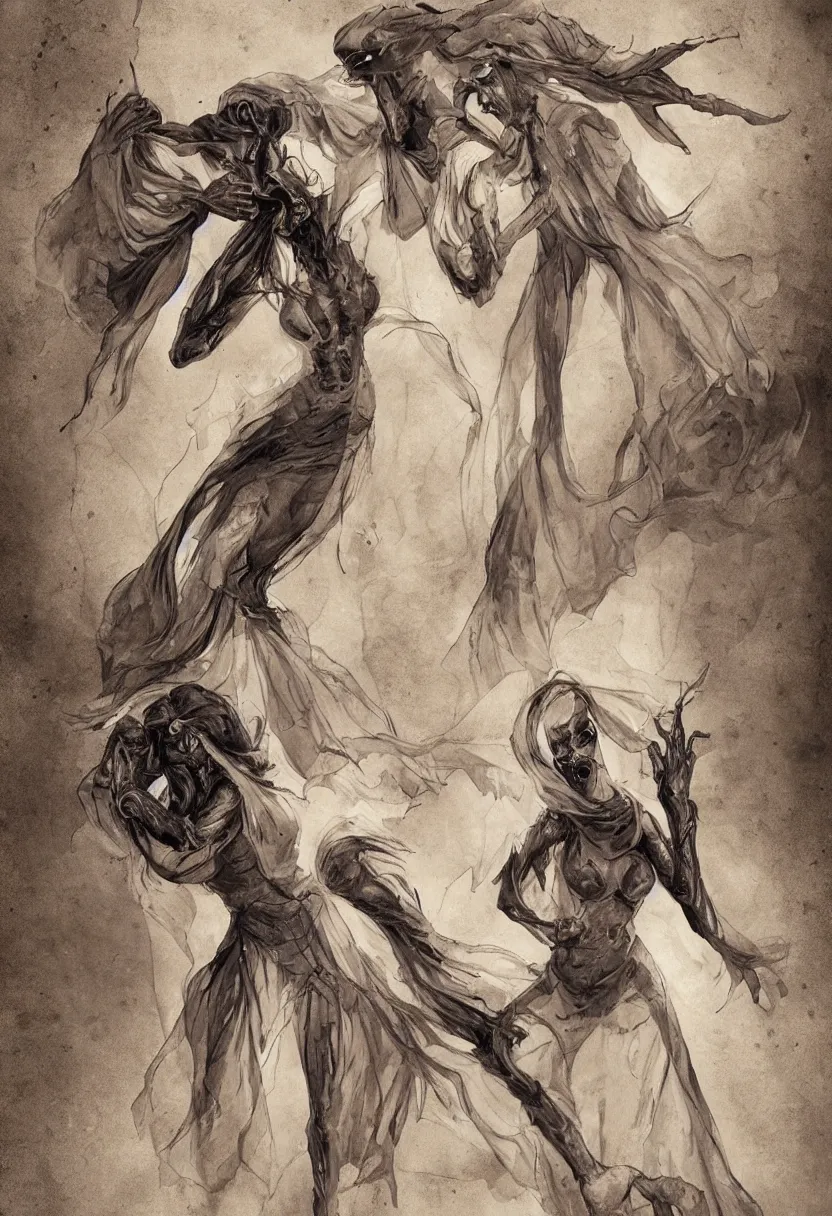 Image similar to callipygian well shaped female ghost fighting a mummy, confident pose, coherent, insane detail, concept art, character concept