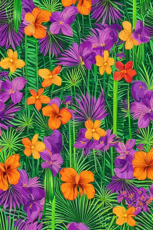 Image similar to Intricate detailed vector illustration of tropical flowers and green reeds, multiple cohesive colors ranging from warms purples to bright oranges on a ((very dark background)), 4K resolution