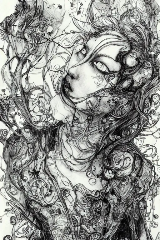 Image similar to We're all mad here Alice, Alice in wonderland, twisted, insanity, pen and ink, intricate line drawings, by Yoshitaka Amano, Ruan Jia, Kentaro Miura, Artgerm, watercolor