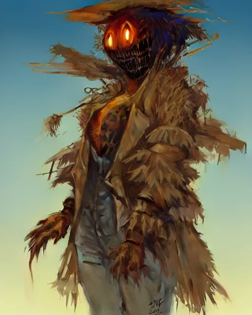 Image similar to an monstrous scarecrow, scarecrow, gentle, posing, cute pose, vaporwave, highly detailed, digital painting, artstation, concept art, smooth, sharp focus, illustration, art by artgerm and greg rutkowski and alphonse mucha