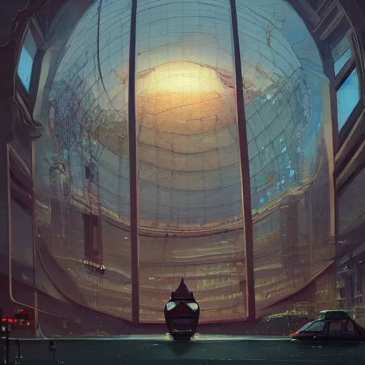 Image similar to A city trapped in a giant transparent dome, bubbles, cinematic lighting, insanely detailed, intricate, artstation, cgsociety, painted by Simon Stalenhag, concept art, illustration, sharp focus,