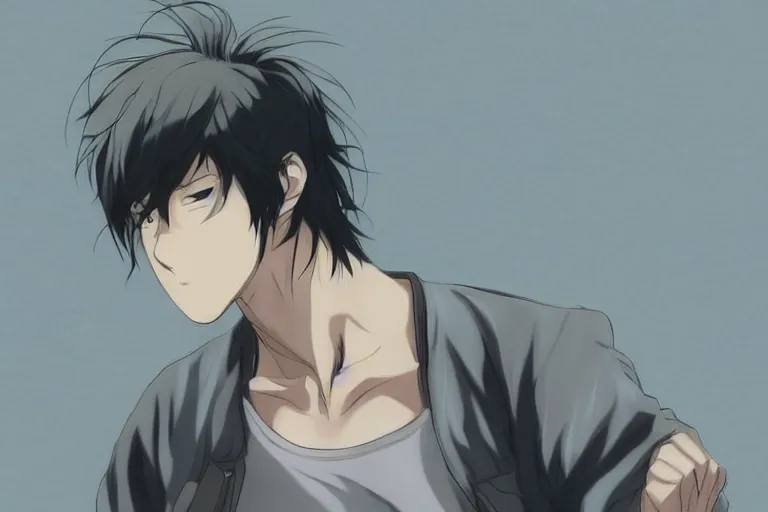 black hair, anime style, character chart, first-person view, Anime boy with  UHD black hair and black shirt - SeaArt AI