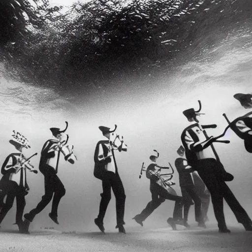 Prompt: Underwater photo of a marching band by Trent Parke, clean, detailed, Magnum photos