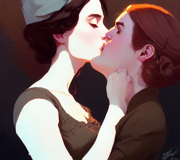 Prompt: portrait of elizabeth kissing darcy by atey ghailan, by greg rutkowski, by greg tocchini, by james gilleard, by joe fenton, by kaethe butcher, dynamic lighting, gradient light blue, brown, blonde cream and white color scheme, grunge aesthetic