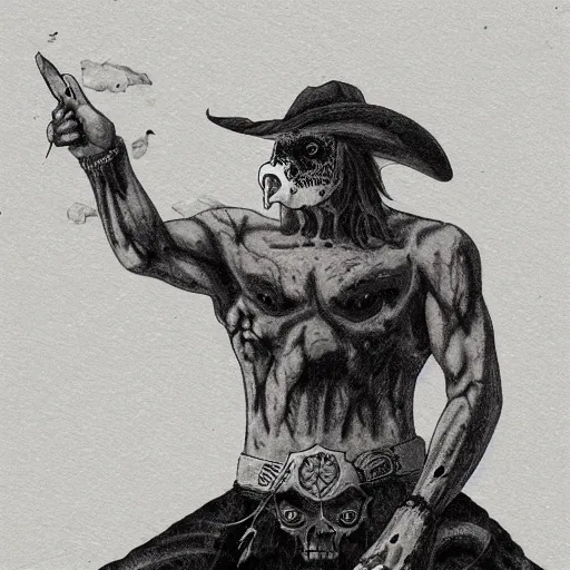 Prompt: skullfaced vaquero, standing on boulder, expanse in background, deathlike visage, persian folklore illustration