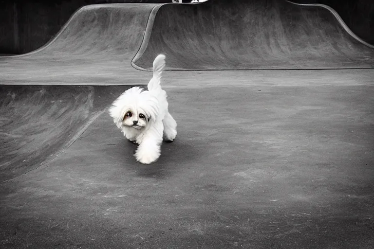 Prompt: “a cream colored havanese dog doing tricks at a skate park, street photography”