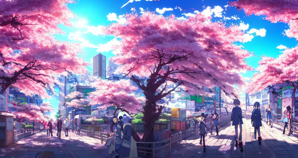 Image similar to anime style cityscape, spring season city, cherry blossoms blowing in the wind, day time, sun high in the sky, sun glare, clear weather, blue sky, tokyo japan, some people walking, people are detailed, high detail and sharp, detailed shading, trending on artstation, wallpaper, anime art style, kyoto animation productions, koyoharu gotouge