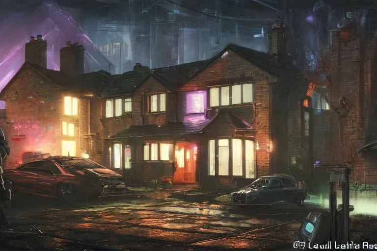 Prompt: cyberpunk, an estate agent listing photo, external view of a 5 bedroom detached house in the UK, it's night time, by Paul Lehr, highly detailed, photorealistic, unreal engine, 8k,