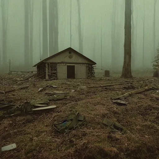 Image similar to film still of a military compound with 2 barracks during ww 2 in the forest, trenches dug around the perimeter, filmgrain, zeiss lens, redshift, octane, foggy diffused lighting