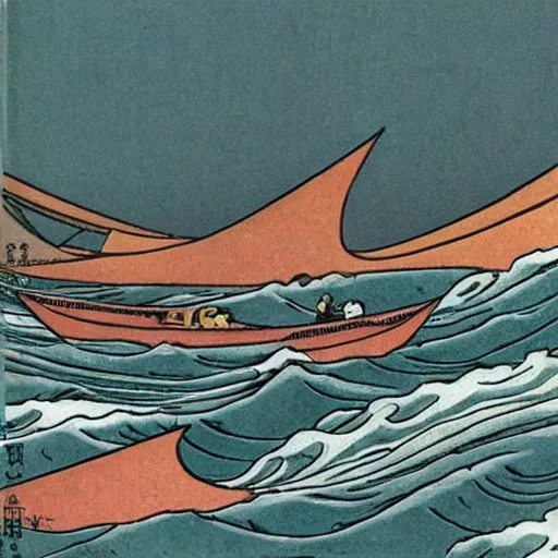 Image similar to by osamu tezuka balmy, monumental amaranth, cinnamon. the mixed mediart of a huge wave about to crash down on three small boats. the boats are filled with people, & they all look terrified.