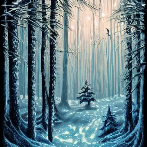 Prompt: winter forest inspired by !dream dragon inspired by Dan Mumford, cabin, snow falling - n 4
