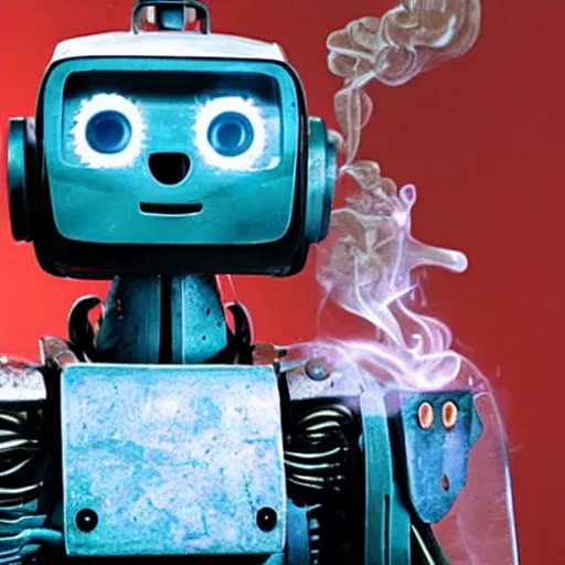 Image similar to chappie the robot, smoking a marijuana - blunt - joint, tons of smoke, coughing