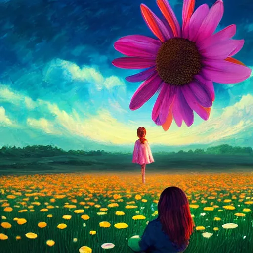 Image similar to giant daisy flower as head, girl sitting in a flower field, surreal photography, sunrise, dramatic light, impressionist painting, colorful clouds, digital painting, artstation, simon stalenhag