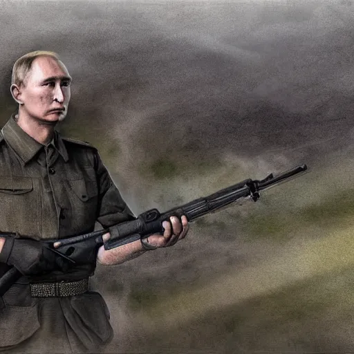 Image similar to putin with firearms, fighting in trenches somewhere in ukraine, highly detailed digital painting