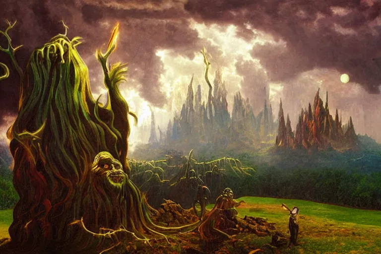 Image similar to miskatonic university big bang landscape in the style of dr. seuss,'run the jewels ', painting by albert bierstadt