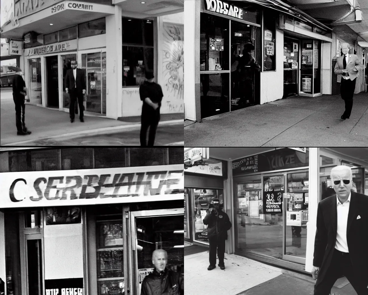 Prompt: security camera footage of joe biden outside corner store with time code, high exposure, high exposure, high exposure dark, monochrome, camera, grainy, CCTV, security camera footage, timestamp, zoomed out