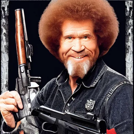 Prompt: Bob Ross with 50 guns on back, goes hard, gritty, patriotic, warrior, bad-ass