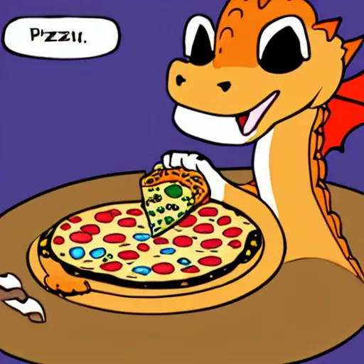 Image similar to A cute cartoon dragon eating pizza
