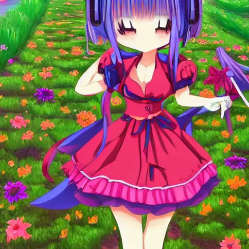 Image similar to cute art of a beautiful anime girl with colorful dress, walking on the green garden, detailed