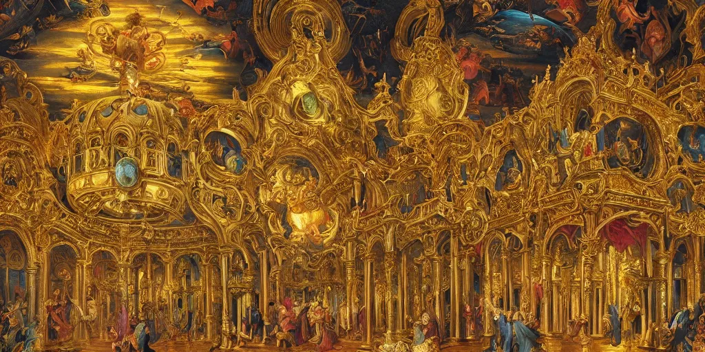 Image similar to beautiful ornate heavenly gold rococo megastructure in the style of heironymus bosch, colorful light intricate masterpiece, hyper detailed, hd