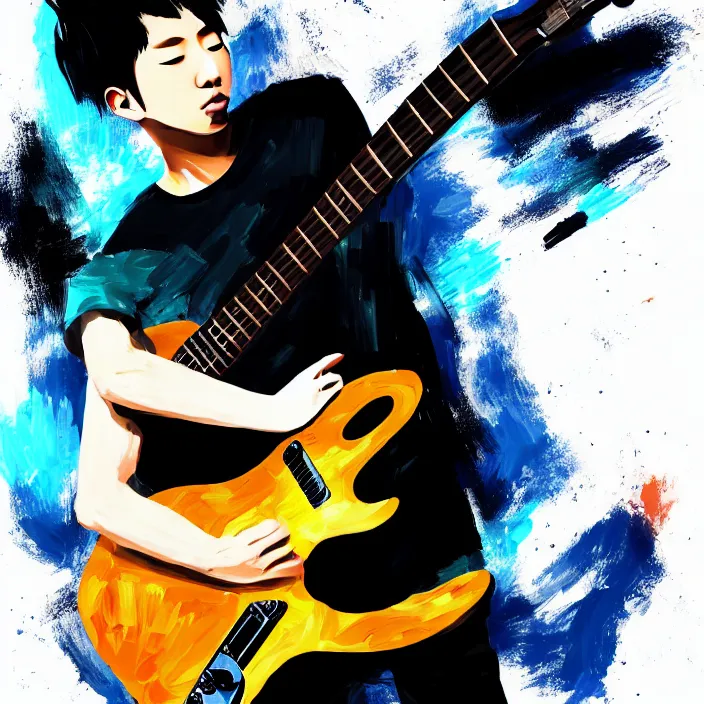 Image similar to a young korean male musician wearing black tank top holding a telecaster!!! electric guitar!! explodes in thick flowing dramatic brush strokes, matte colors, abstract, impressionist, motion, trending on artstation