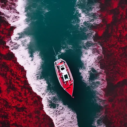 Image similar to a lonely boat floating in the turbulent red ocean, tsunami, fierce huge waves, dangerous depressing atmosphere, dark tone, illustration, aerial view, evil, artstation, octane render