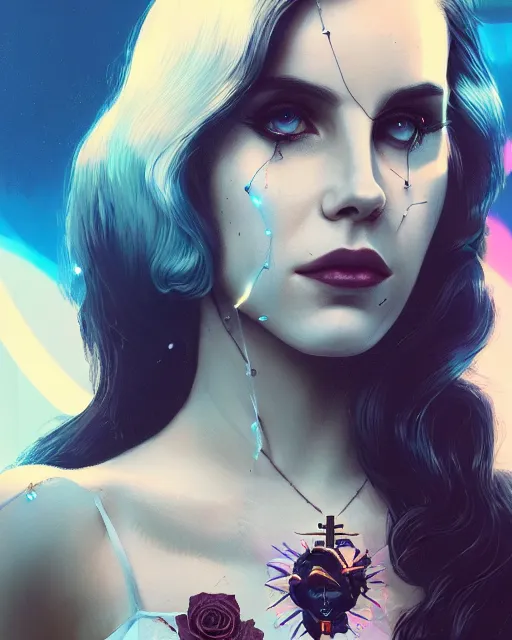 Image similar to portrait of lana del rey as a cyborg. intricate abstract. intricate artwork, tear drops, roses, crucifix, by tooth wu, wlop, beeple, dan mumford. concept art, octane render, trending on artstation, greg rutkowski, symmetrical, cinematic, key art, hyper realism, iridescent accents