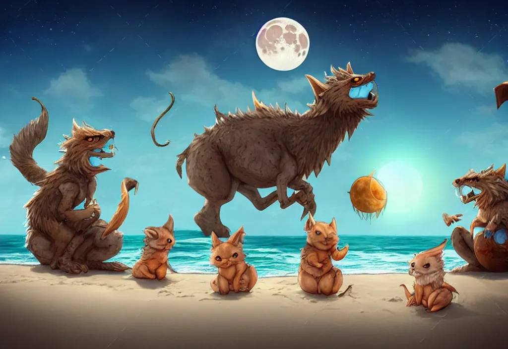 Image similar to cute fantasy critters at the beach looking at the moon, ultra realistic, concept art, highly detailed