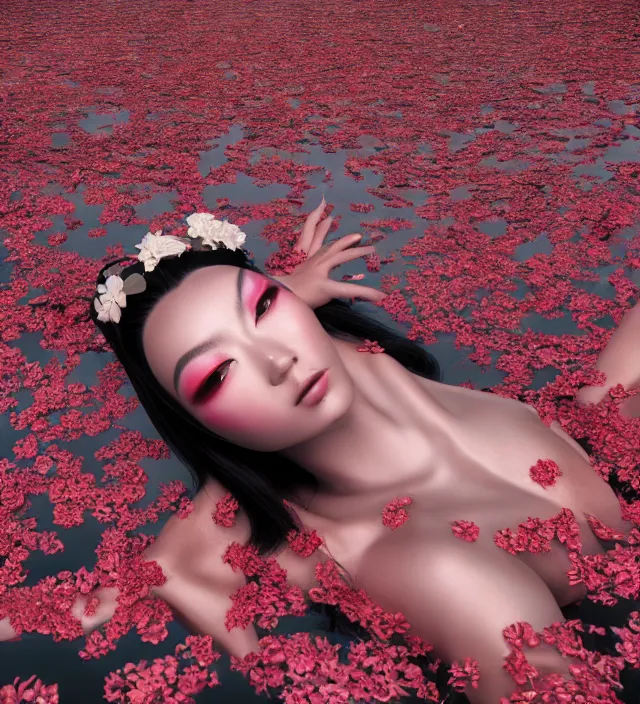 Prompt: baroque portrait of a geisha android berserker designed by vitaly bulgarov who is lying down in a river made of thousand of flowers, photorealistic, octane render, 8 k, depth of field