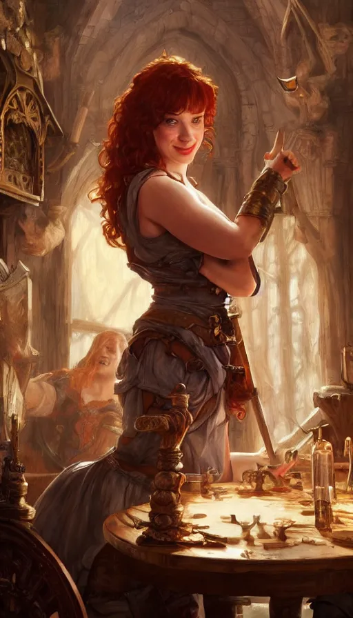 Image similar to young christina hendricks in a tavern, energetic, laughing, fit, warhammer, lord of the rings, sweaty, strong, intricate, highly detailed, digital painting, artstation, concept art, smooth, sharp focus, illustration, unreal engine 5, 8 k, art by artgerm and greg rutkowski and alphonse mucha