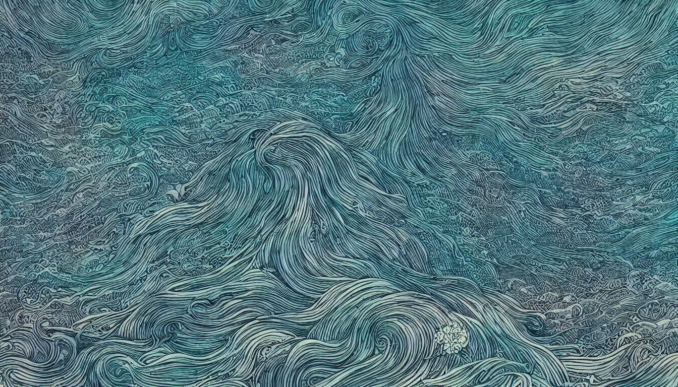 Image similar to thin long continuous lines form ocean wave, chinese ink brush, yukio - e, kilian eng, victo ngai, josan gonzalez