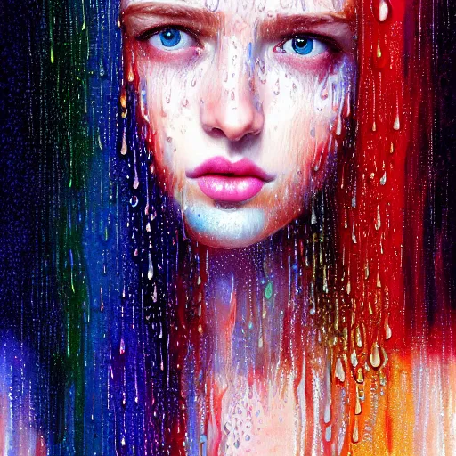 Image similar to portrait of girl in uniquely colored rain with wet hair and face, liquid drops, revelation, epiphany, bliss, fantasy, intricate, elegant, dramatic lighting, highly detailed, lifelike, photorealistic, digital painting, artstation, concept art, smooth, sharp focus, illustration, art by John Collier and Albert Aublet and Krenz Cushart and Artem Demura and Alphonse Mucha