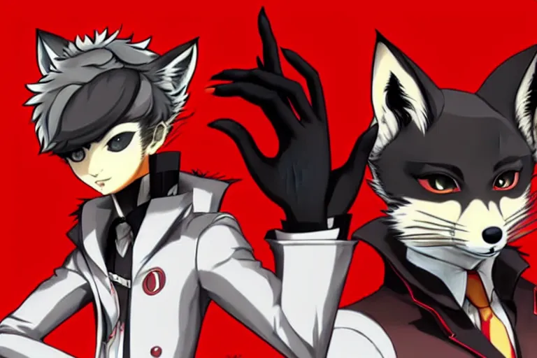 Image similar to a furry tan male fox on a persona 5 : royal ( by atlus ) video game splash screen, a furry male sandcolored tan fox fursona ( has hair ), persona 5 phantom thief style