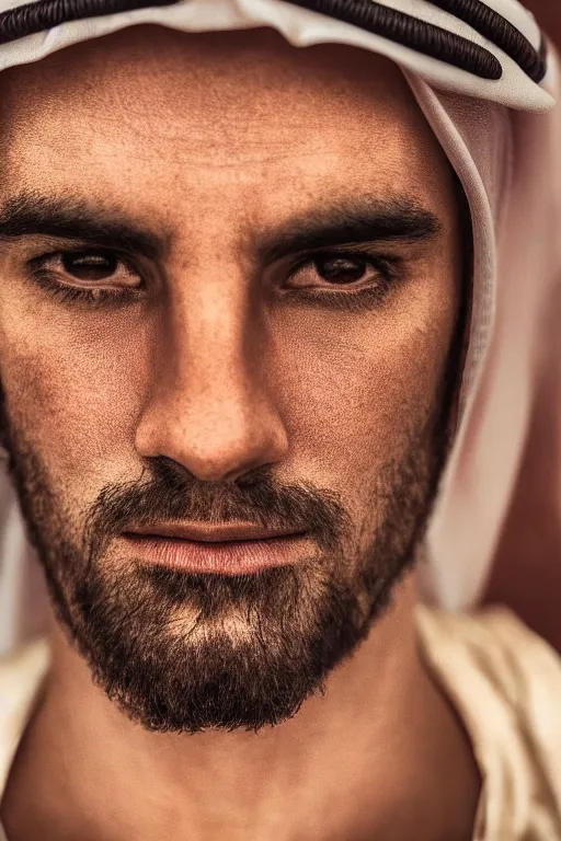 Prompt: a close - up photograph of an arab god, photorealistic, cinematic lighting