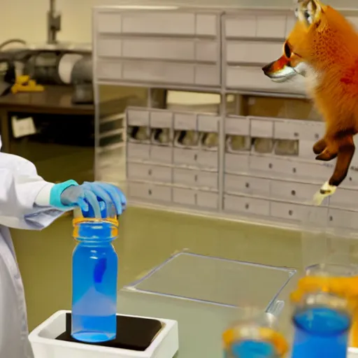 Image similar to Quadruped Fox in a lab coat, conducting experiments with strange coloured fluids in test tubes