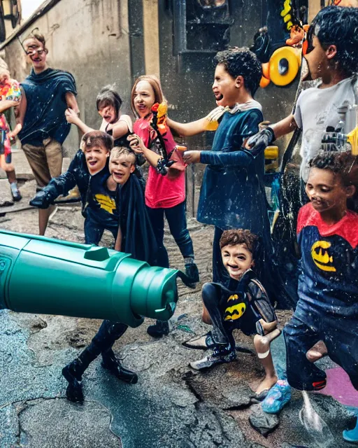 Image similar to happy batman firing super soaker water gun in an alleyway with a group of children having fun, toy product advertisement, photography