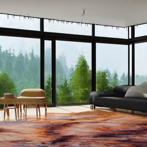 Image similar to a beautiful modern living room with wood floors, large windows with a beautiful view, an area rug, plants, forest, mountains, realistic, hd, 8 k, digital rendering, unreal engine, blender, octane, maya