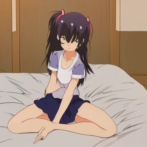 Prompt: adorable anime girl sitting up in bed waking up and stretching adorable cute in the style of ghibli