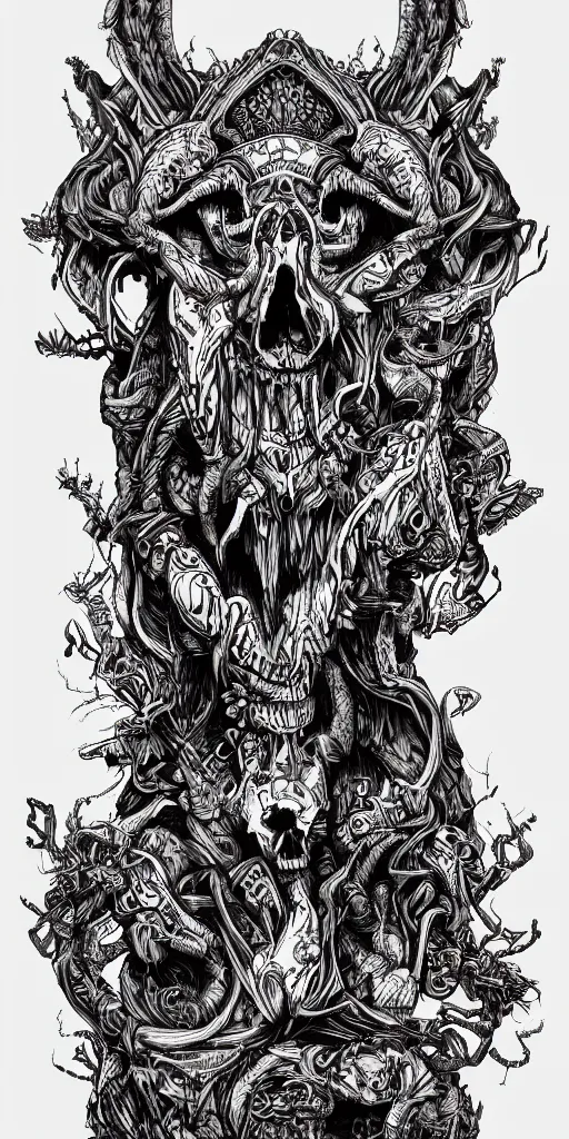 Image similar to A totem with a skull and an wolf, lovecraft, ink on paper, coherent, symmetrical, intricate, high detail, digital painting, octane render, 4k, trending on artstation