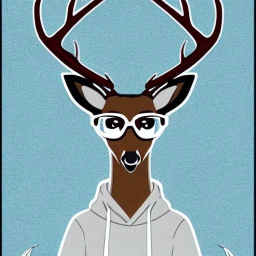 Prompt: anthropomorphic shy and nerdy white-tailed deer with exquisite antlers and wearing thick glasses and a blue hoodie