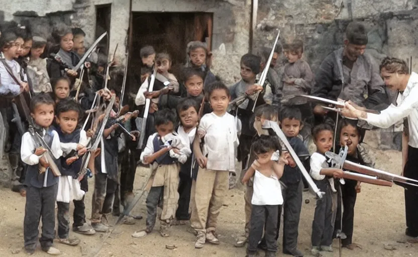 Prompt: guns and sharp swords in the hands of young children,