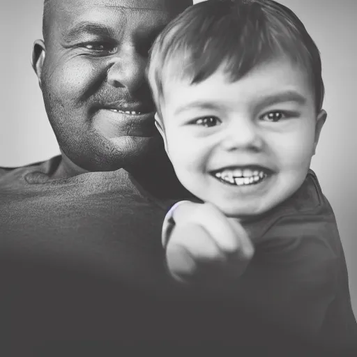 Prompt: half-lenght portrait of a father with child. matte background. 8x