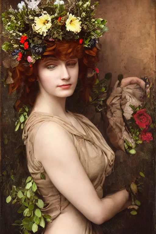 Prompt: portrait of a beautiful young cyborg woman with a big steampunk flower crown, Pre-Raphaelite